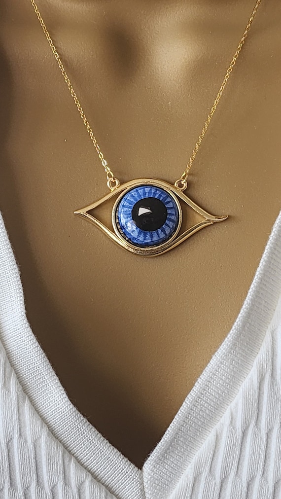 Handmade Ceramic Evil Eye Pendant Necklace: Gold Chain, Turquoise Blue