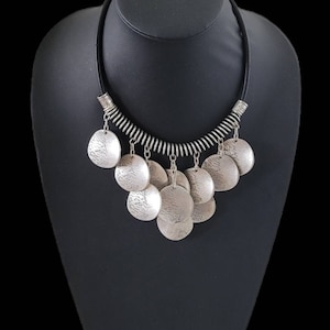 Leather statement necklace,large tibetan silver pendant necklace,Leather necklace, pendant necklace,unique jewelry