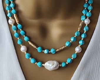 Genuine Turquoise Necklace with Baroque Pearl, 8 mm Gemstone Choker, One-of-a-kind design