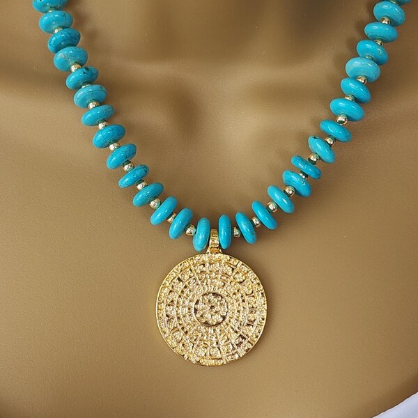 Turquoise and Gold Phaistos Pendant Necklace: Boho Gemstone Jewelry