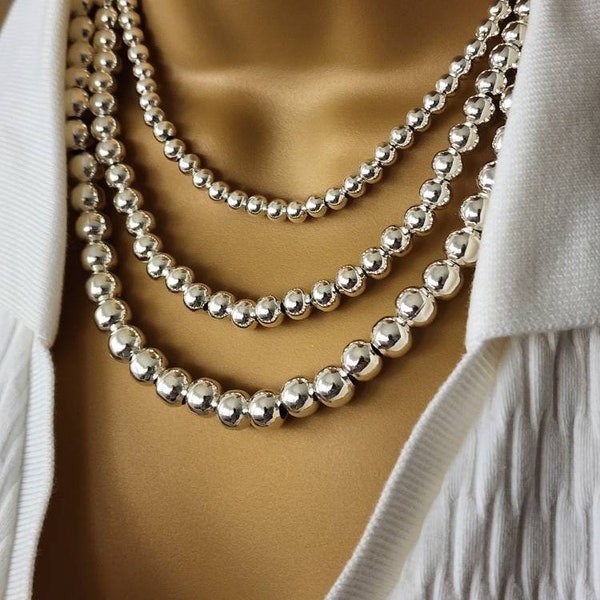 Silver Ball Bead Necklace, Plated layered choker with 6,8,10 mm options