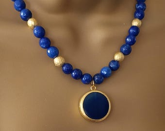 Blue Jade Pendant Necklace: Handmade Gemstone & 18K Gold Plated