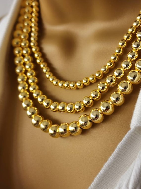 Gold Ball Beaded Necklace , 18K Gold Plated Necklace