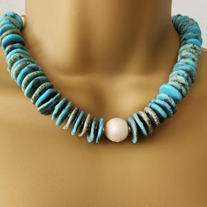 14 18 mm Graduated Turquoise Disc Bead necklace with gold  beads ,choker necklace, turquoise  and baroque pearl necklace,  mothers day gift