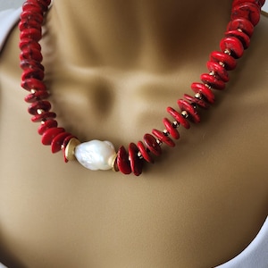 14 18 mm Graduated Turquoise Disc Bead necklace with gold  beads ,choker necklace, turquoise  and baroque pearl necklace,  mothers day gift