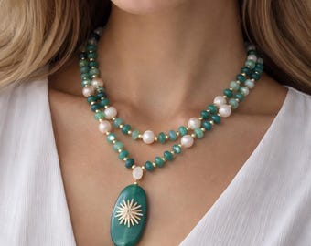 Handmade Green  Agate and Pearl Necklace: Coastal Pendant Jewelry