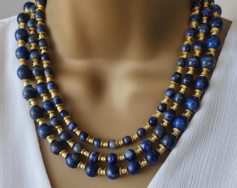 Natural Lapis Lazuli and Gold Beaded Necklace: Gemstone Jewelry