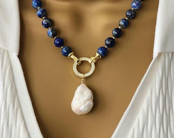 Lapis Lazuli & Baroque Pearl Necklace: Gold Accent Gemstone Jewelry