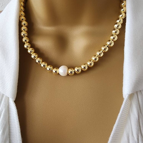 18K Gold Plated Ball Bead Necklace with Freshwater Pearl