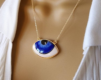 Handmade Ceramic Evil Eye Pendant Necklace: Turquoise & Blue, Gold Chain