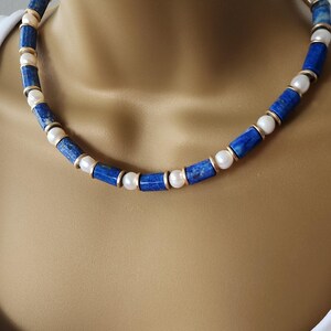 8x12 mm Natural  Lapis Lazuli and fresh water pearl necklace ,lapis and pearl necklace ,gift for mom ,Christmas gift , unique jewelry