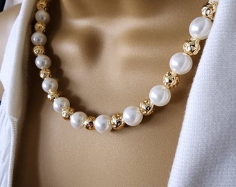 Majorica pearl bead necklace, pearl necklace,perfect gift for mom ,pearl and gold necklace mothers day gift,gold ball bead pearl necklace