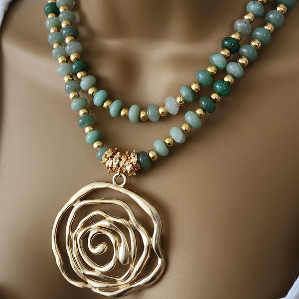 Handmade Green Aventurine Necklace: Bohemian Matte Gold Pendant