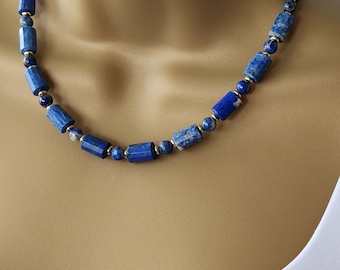 Lapis Lazuli and Gold Hematite Beaded Necklace, Gemstone Jewelry