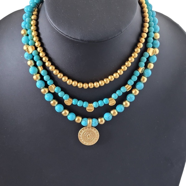 Layered Turquoise Howlite Necklace: Gold Ball Bead & Medallion Pendant