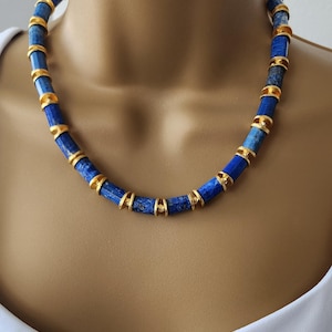Natural Lapis Lazuli and Gold Beaded Necklace ,Timeless Blue Gemstone Jewelry, gift for mom ,Christmas gift ,  anniversary gift