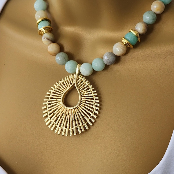 Gold Medallion Pendant Necklace: Amazonite Beaded Boho Jewelry