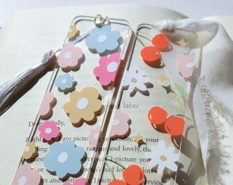 Floral & Cherry Clear Acrylic Bookmark with Tassel, Trendy Handmade Bookmark, Book Lover Gift