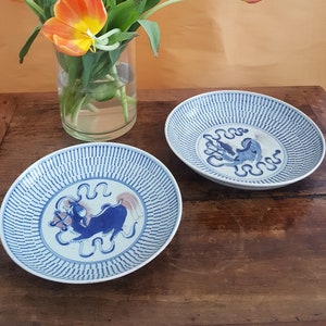 Pair of Dragon Design Bowls Antique Thai  shallow blue and white ceramic bowls poss. sign dragon in well of bowl