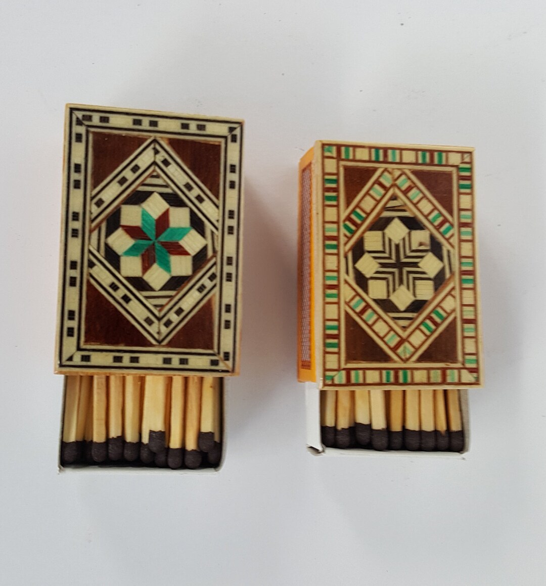 Matchboxes Brazil Set of 2 Hand Inlaid Match Boxes. Detailed Geometric Mosaic. Made in ...