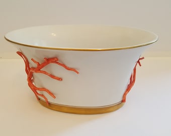 Bone china cache pot decorated with red coral handles- possible French