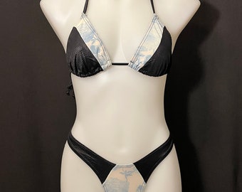 Vintage 90s Black and Blue snakeskin floral string bikini- Small