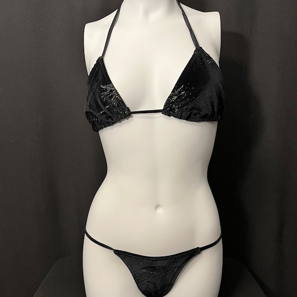 Vintage-String-Bikini aus schwarzem Velours und silbernem Glitzer – Einheitsgröße