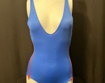 Vintage 1970s Navy Blue one piece with red zip sides - Small