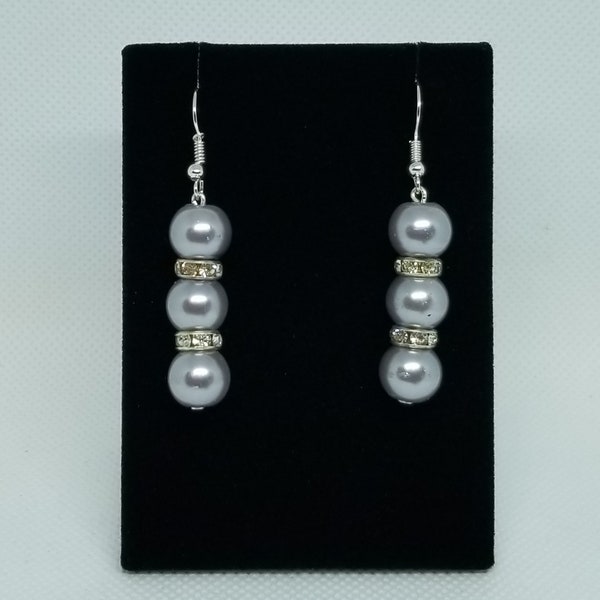 Silver Earrings, Silver Gray Dangle Earrings, Dangle Earrings, Linear Earrings, Glass Bead Earrings, Surgical Steel Earrings