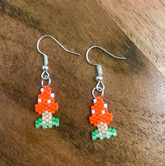 Orange Mushroom Beaded Earrings in Ear and Clip Ons Available