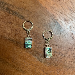 May include: A pair of gold-colored leverback earrings. Each earring features a rectangular abalone shell pendant with iridescent blue, green, and purple hues. The earrings are displayed on a wooden surface.