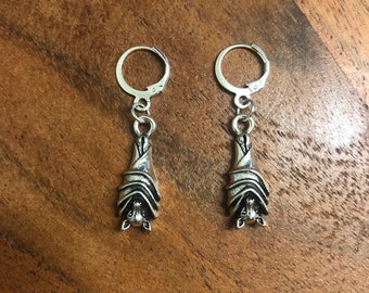 Hanging Bat Charm Hoop Earrings | In Ear and Clip Ons Available | Halloween, Vampire, Goth, Edgy, Grunge, Emo, Twilight, TVD, Alt Jewellery
