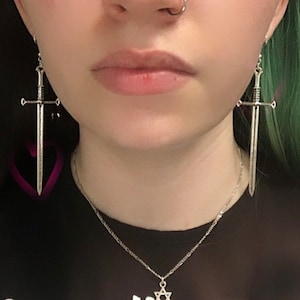 Large Sword Earrings Charm Hoop Earrings | In Ear and Clip Ons Available | Halloween, Goth, Statement, Grunge, Alternative Jewellery