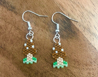 Brown Mushroom Beaded Earrings | In Ear and Clip Ons Available, Different Metals Available | Nature, Cottagecore, Fairycore, Witch Jewellery