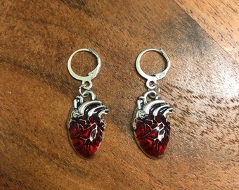 Anatomical Heart Red Charm Earrings | In Ear and Clip Ons Available | Goth, Alternative, Vampire, Halloween, Horror, Blood, Morbid Jewellery