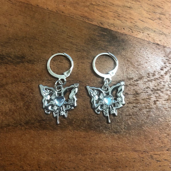 Melting Opal Butterfly Charm Hoop Earrings | In Ear and Clip Ons Available | Cyber Punk, Edgy, Dark Feminine, y2k Jewellery
