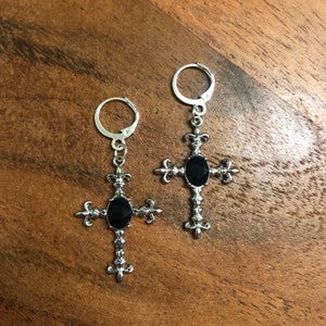 Gothic Cross Charm Hoop Earrings | In Ear and Clip Ons Available | Religious, Christianity, Goth, Halloween, Alternative, Emo Jewellery