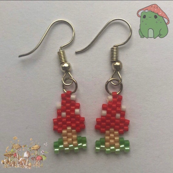 Red Mushroom Beaded Earrings in Ear and Clip Ons Available