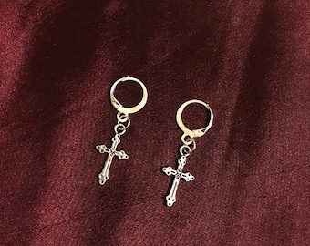 Cross Charm Hoop Earrings | In Ear and Clip Ons Available | Religious, Christianity, Goth Jewellery