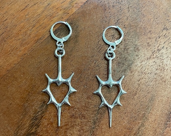 Spiked Heart Charm Earrings | In Ear and Clip Ons Available | Goth, Edgy, Alternative, Punk, Unique, Statement, Cyber Sigilism Jewellery
