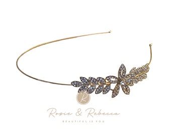GOLD BRIDAL Side TIARA, Simple Flower Leaves Rhinestone Headband, Bride Wedding Tiaras, Headpiece, Subtle Unique Handmade, Rosie & Rebecca