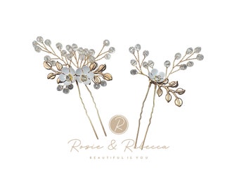 Braut Haarnadeln Gold, Blume Strass Crystal Bobby Pin Zweierpack, Blumen Braut Hochzeit Anlass handgemachtes Geschenk, Rosie & Rebecca, Uk