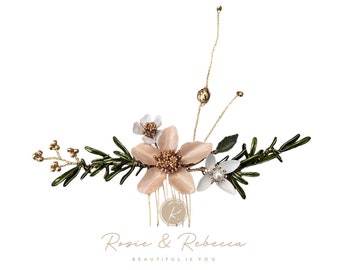 BRIDAL FLORAL Hair Comb, Gold, Green Leaf, Greenery, Pearl Leaves White Flowers, Haircomb, Bride Wedding Prom Occasion, Rosie & Rebecca Uk