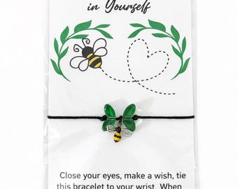 Bee Wish Bracelet – Believe in Yourself Gift, Strength Symbol, Black Cord Bracelet with Bee & Leaf Charms, Personalized Favor