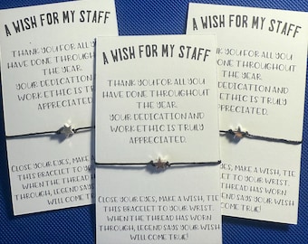 Wish Bracelets for Staff Appreciation – Bulk Employee Gifts, Thank You Favor, Charm Cord Bracelets, Personalized Message Card, Ready to Gift