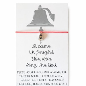 Cancer Survivor Wish Bracelet – Ring the Bell Charm – Beat Cancer Gift, Last Chemo Jewelry, Tie-On Wax Cord Bracelet with Personalized Card