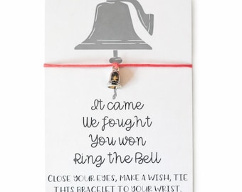Cancer Survivor Wish Bracelet – Ring the Bell Charm – Beat Cancer Gift, Last Chemo Jewelry, Tie-On Wax Cord Bracelet with Personalized Card