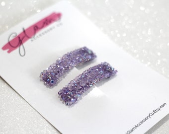 Lilac lavender light Purple snap clips, rhinestone crystal rock sparkly, girl’s kids toddler woman’s hair accessory set spring summer trendy