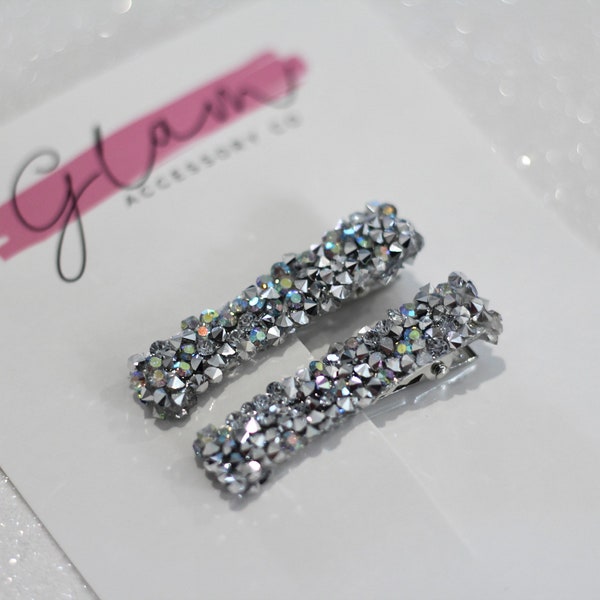 Silver & rainbow-rhinestone crystal rock bar clip-wedding bridal prom-alligator clip girls toddler baby woman bling sparkly hair accessory