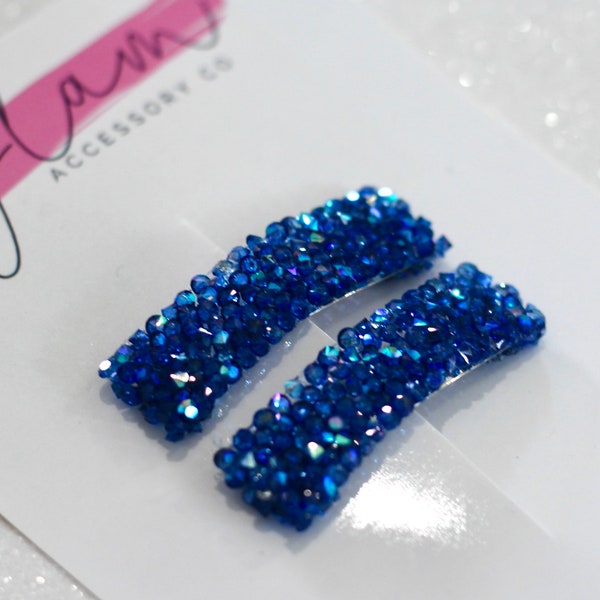 Royal blue rhinestone hair clip, crystal barrette sparkly snap clip, for girl kids toddler woman accessory set, fall winter holidays 2023